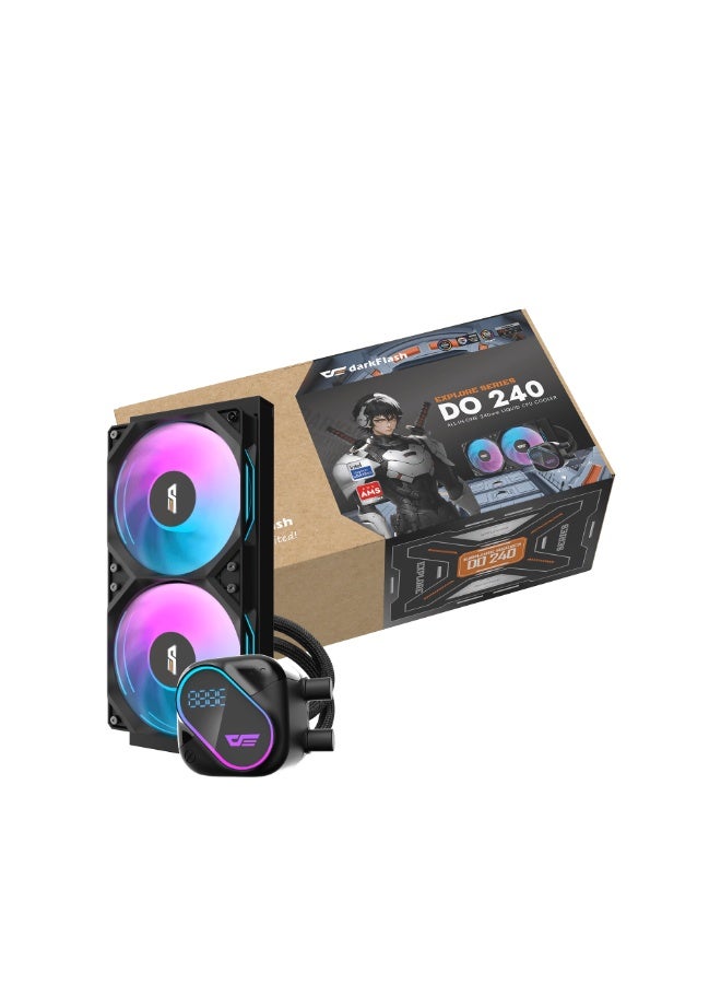 DarkFlash DO240 240mm ARGB Liquid CPU Cooler with LCD Display, Dual 120mm PWM Fans (800–2100RPM, 68.76CFM, 36dBA), Copper Base Water Block, 400mm Tubing, Compatible with Intel and AMD | Black - Image 1