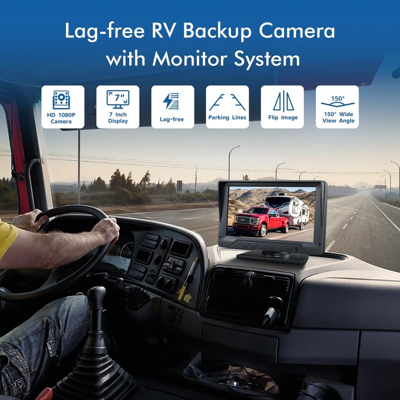 FEISIKE RV Backup Camera Plug and Play, 7'' Backup Camera for Truck Trailer, No Delay, 1080P HD, 2 Channels, 150Â° Wide Angle, DIY Guide Lines, Night Vision, IP69 Rear View Camera - Image 2
