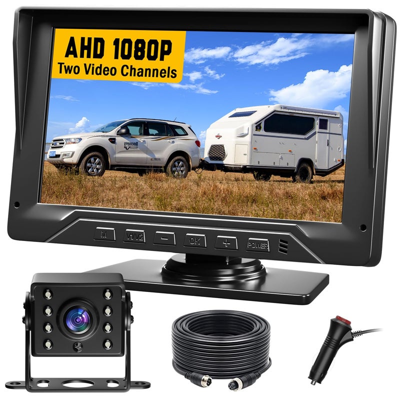 FEISIKE RV Backup Camera Plug and Play, 7'' Backup Camera for Truck Trailer, No Delay, 1080P HD, 2 Channels, 150Â° Wide Angle, DIY Guide Lines, Night Vision, IP69 Rear View Camera - Image 1