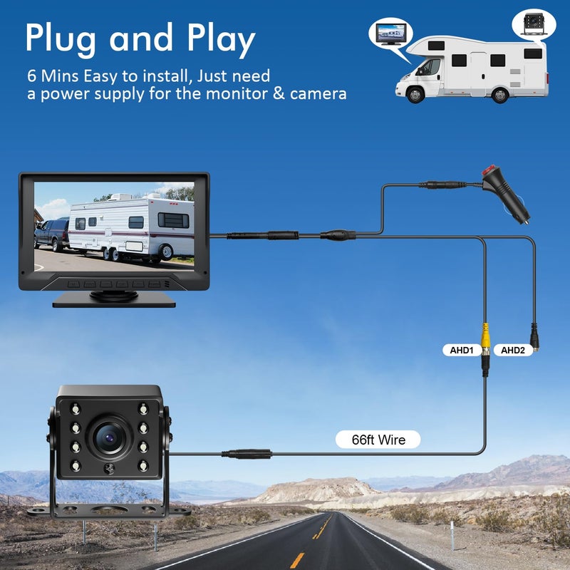 FEISIKE RV Backup Camera Plug and Play, 7'' Backup Camera for Truck Trailer, No Delay, 1080P HD, 2 Channels, 150Â° Wide Angle, DIY Guide Lines, Night Vision, IP69 Rear View Camera - Image 3