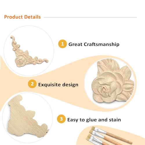Aiminjey 20 Pcs Decorative Wood Flower Carved Appliques 3.1inch Corner Onlay DIY Unpainted Solid Wooden Carved Corner Decal for Furniture Wardrobe Mirror Photo Frame Closet Decoration (20, 3.1inch) - Image 2