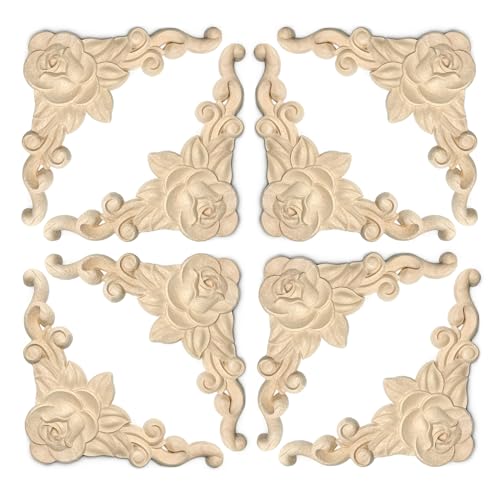 Aiminjey 20 Pcs Decorative Wood Flower Carved Appliques 3.1inch Corner Onlay DIY Unpainted Solid Wooden Carved Corner Decal for Furniture Wardrobe Mirror Photo Frame Closet Decoration (20, 3.1inch) - Image 1
