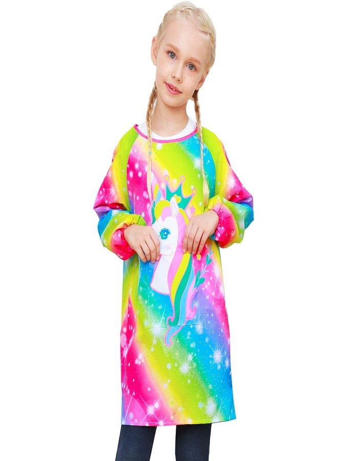PASHOP Kids Art Smocks Unicorn Waterproof Painting Apron Smock for Girls Boys Long Sleeve Knee Length Artist Smock with Pocket for 3-12 Years (Unicorn A, 8-12 Years) - Image 1