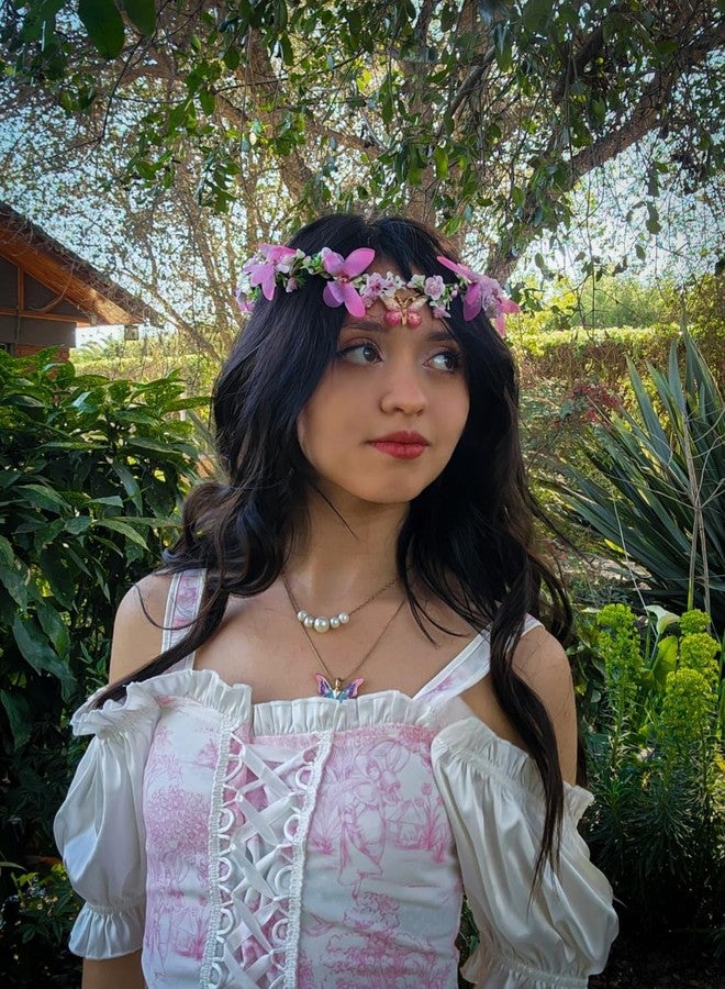 MOSTORY Pink Elf Flower Crown - Handmade Butterfly Fairy Headpiece Floral Circlet Woodland Tiara for Renaissance Renfaire Spring Wedding Fairy Costume Women Cosplay - Image 2