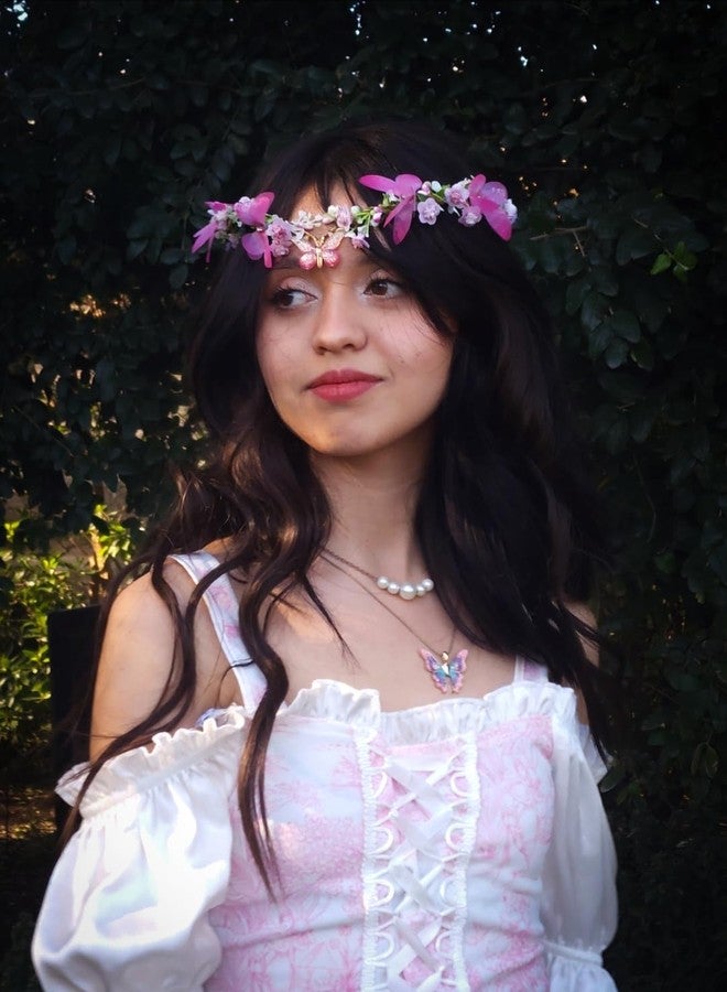 MOSTORY Pink Elf Flower Crown - Handmade Butterfly Fairy Headpiece Floral Circlet Woodland Tiara for Renaissance Renfaire Spring Wedding Fairy Costume Women Cosplay - Image 3