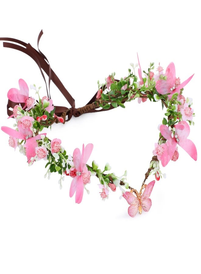 MOSTORY Pink Elf Flower Crown - Handmade Butterfly Fairy Headpiece Floral Circlet Woodland Tiara for Renaissance Renfaire Spring Wedding Fairy Costume Women Cosplay - Image 1