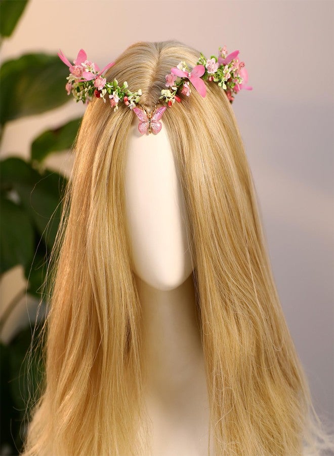 MOSTORY Pink Elf Flower Crown - Handmade Butterfly Fairy Headpiece Floral Circlet Woodland Tiara for Renaissance Renfaire Spring Wedding Fairy Costume Women Cosplay - Image 4