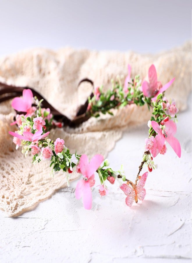 MOSTORY Pink Elf Flower Crown - Handmade Butterfly Fairy Headpiece Floral Circlet Woodland Tiara for Renaissance Renfaire Spring Wedding Fairy Costume Women Cosplay - Image 5