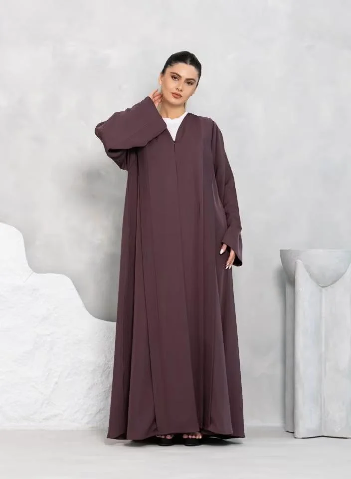 Nikias Burgundy Nida Abaya with Broad Pleated Front & Back