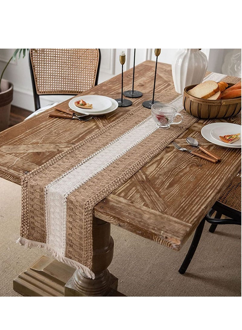 SYOSI Table Runners Natural Burlap, Boho Macrame, Rustic with Tassels, Hand Woven Cotton and Splicing, for Living Room Party Wedding Decoration Dining - Image 3
