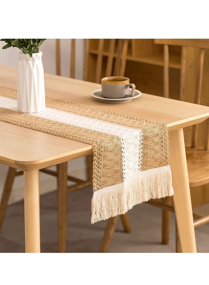 SYOSI Table Runners Natural Burlap, Boho Macrame, Rustic with Tassels, Hand Woven Cotton and Splicing, for Living Room Party Wedding Decoration Dining - Image 1