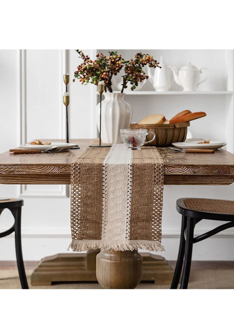 SYOSI Table Runners Natural Burlap, Boho Macrame, Rustic with Tassels, Hand Woven Cotton and Splicing, for Living Room Party Wedding Decoration Dining - Image 2