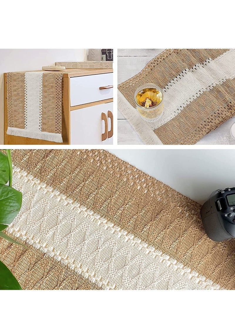 SYOSI Table Runners Natural Burlap, Boho Macrame, Rustic with Tassels, Hand Woven Cotton and Splicing, for Living Room Party Wedding Decoration Dining - Image 5