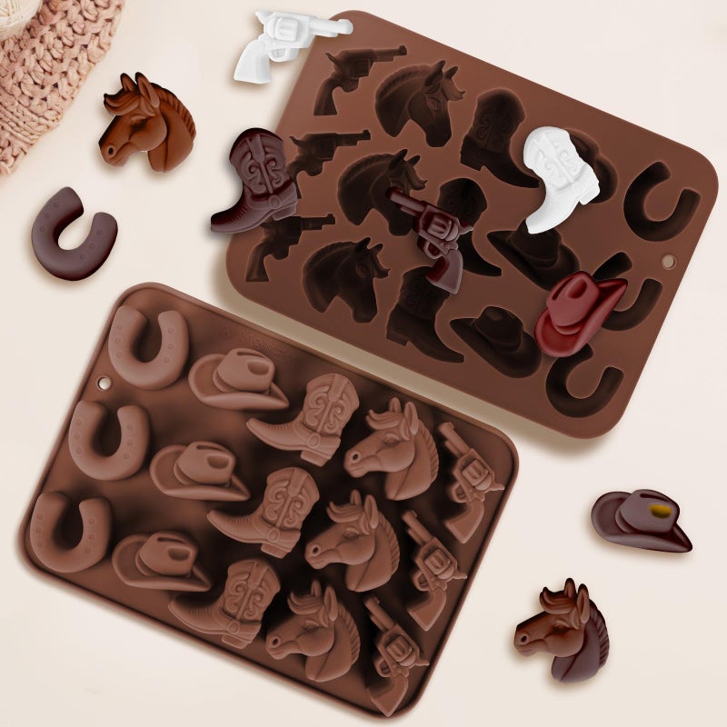 Fuehbur Western Themed Cowboy Candy Silicone Molds 2PCS, Chocolate Jello Moulds with Horse Head Boot Hat Saddle Design, 15 Cavity Ice Mold Pudding Soap Cookie Molds for Cake Desserts Cupcake Making - Image 3