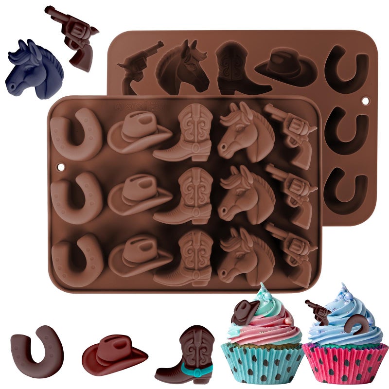 Fuehbur Western Themed Cowboy Candy Silicone Molds 2PCS, Chocolate Jello Moulds with Horse Head Boot Hat Saddle Design, 15 Cavity Ice Mold Pudding Soap Cookie Molds for Cake Desserts Cupcake Making - Image 1