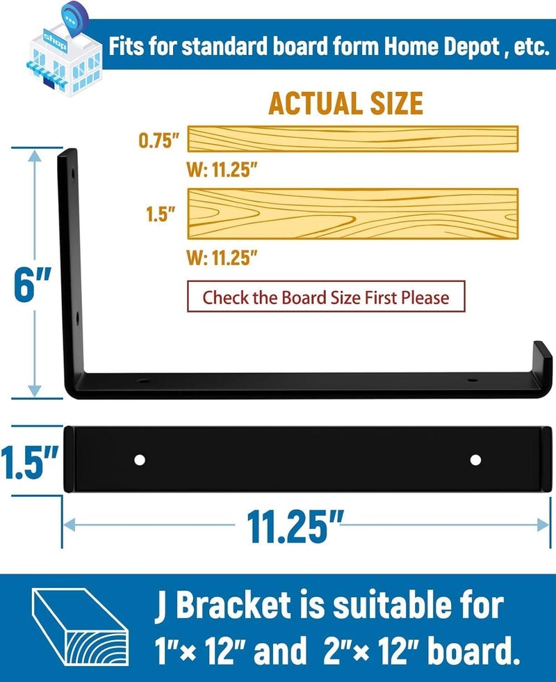 LEOPO 12 inch Shelf Brackets 8-Pack ,1/5 inch Thick Heavy Duty Industrial Bracket for DIY Floating Shelf Support, Black Coated Wall Shelf Support 11.25” x 6” x 1.5” - Image 3