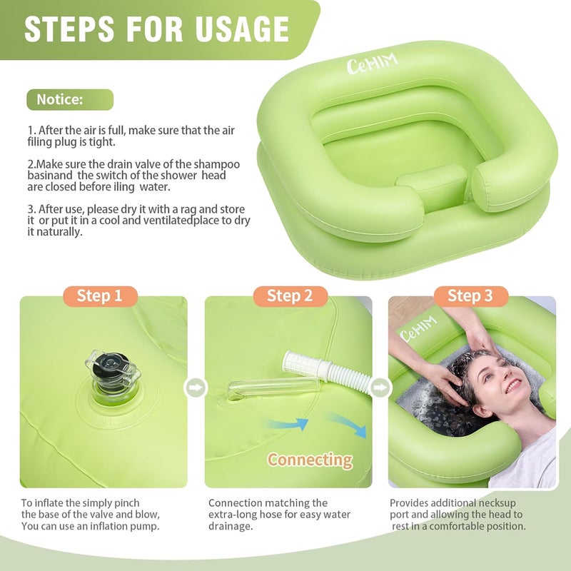 Cehim Inflatable Shampoo Basin - Portable Shampoo Bowl, Hair Washing Basin for Bedridden, Disabled,Injured, Hair Wash Tub for Dreadlocks and at Home Sink Washing (Green, 15in Inner) - Image 4
