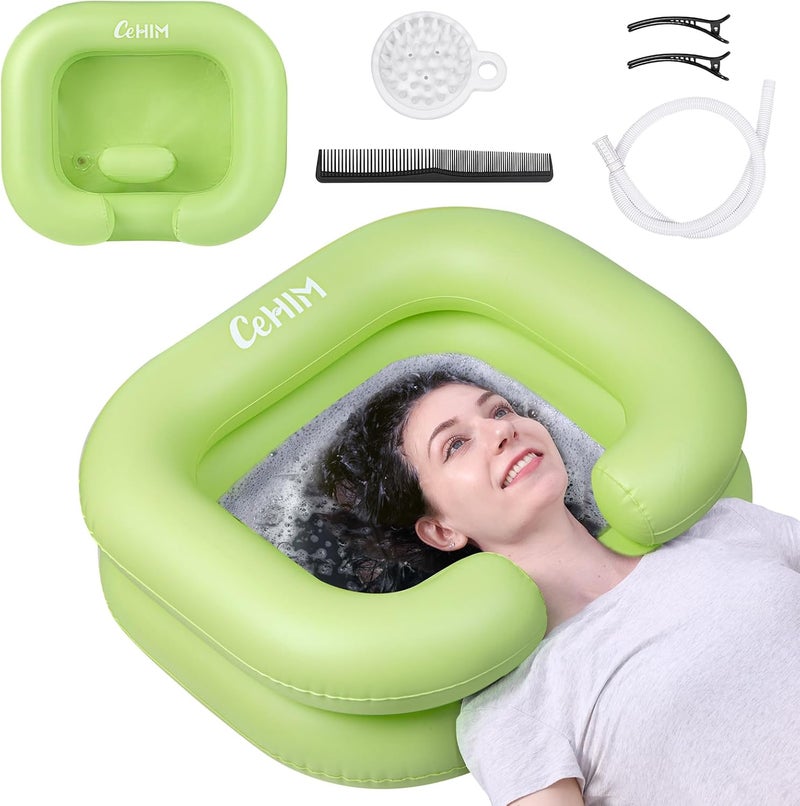 Cehim Inflatable Shampoo Basin - Portable Shampoo Bowl, Hair Washing Basin for Bedridden, Disabled,Injured, Hair Wash Tub for Dreadlocks and at Home Sink Washing (Green, 15in Inner) - Image 1