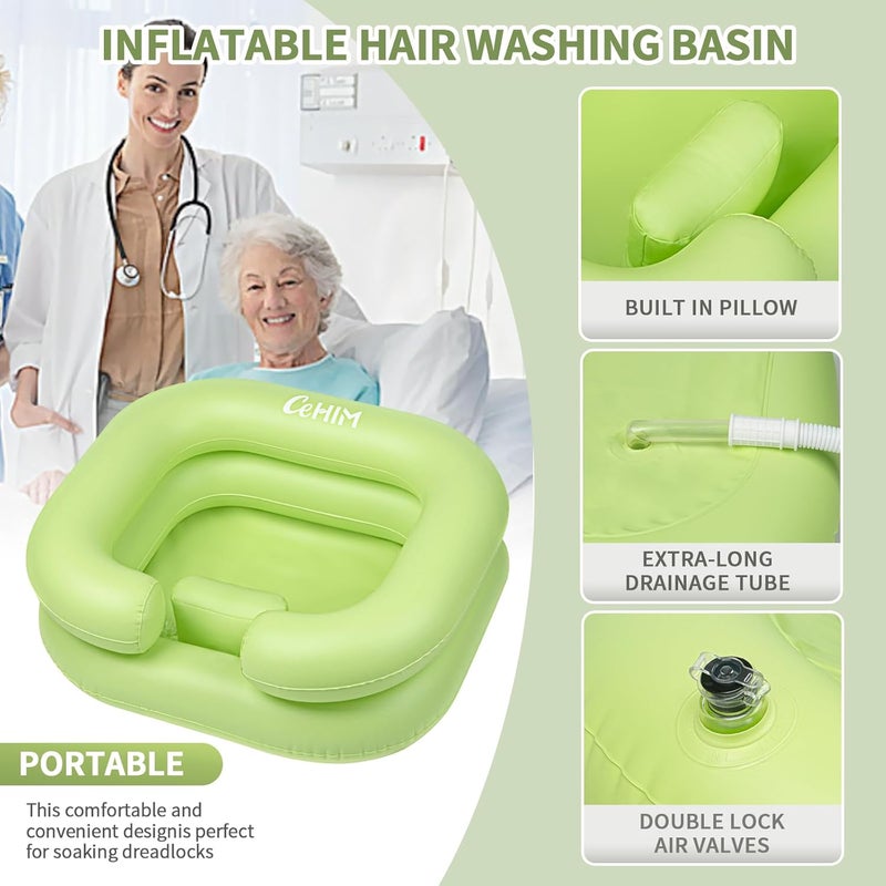 Cehim Inflatable Shampoo Basin - Portable Shampoo Bowl, Hair Washing Basin for Bedridden, Disabled,Injured, Hair Wash Tub for Dreadlocks and at Home Sink Washing (Green, 15in Inner) - Image 2