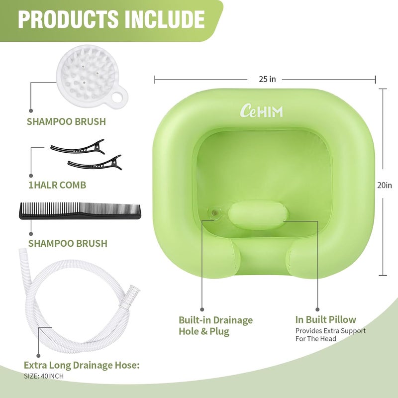 Cehim Inflatable Shampoo Basin - Portable Shampoo Bowl, Hair Washing Basin for Bedridden, Disabled,Injured, Hair Wash Tub for Dreadlocks and at Home Sink Washing (Green, 15in Inner) - Image 3