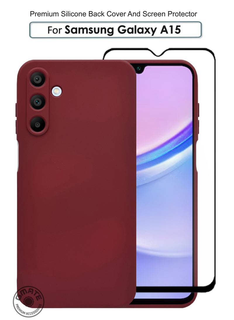 GMATE Samsung Galaxy A15 - Soft Flexible Silicone Protective Back Case Cover And Tempered Glass Screen Protector - Magenta - Image 1