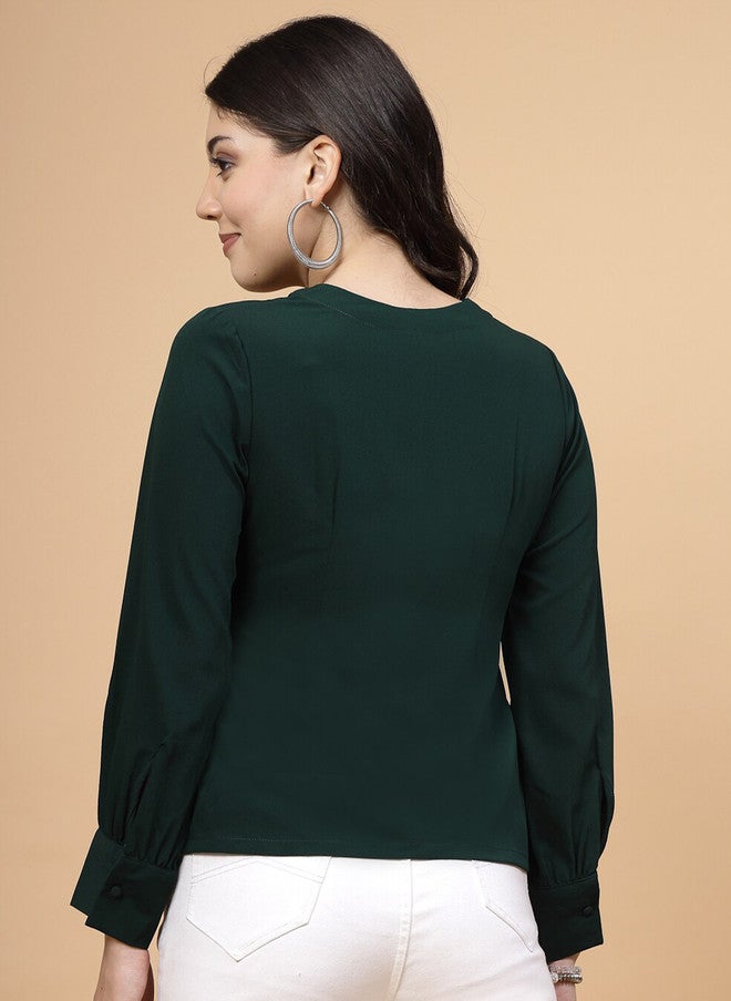 RAASSIO بلوزة خضراء بأكمام مطوية ومجعدة للنساء - Image 4