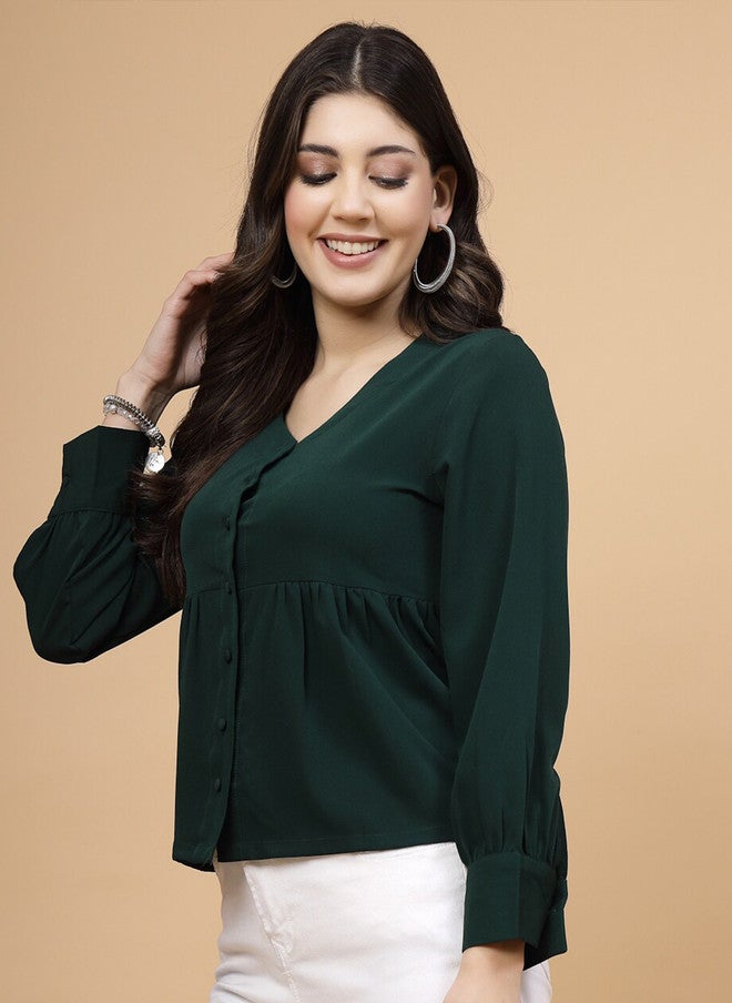 RAASSIO بلوزة خضراء بأكمام مطوية ومجعدة للنساء - Image 3