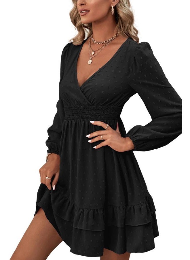 Rooscier Women's Wrap V Neck Swing Ruffle Swiss Dots Long Sleeve Mini Dress, Plain Black, XL - Image 4