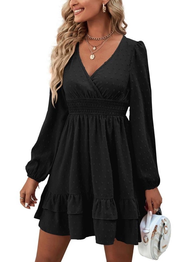 Rooscier Women's Wrap V Neck Swing Ruffle Swiss Dots Long Sleeve Mini Dress, Plain Black, XL - Image 1