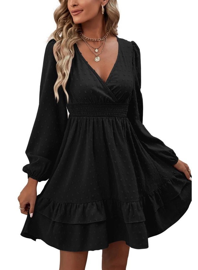 Rooscier Women's Wrap V Neck Swing Ruffle Swiss Dots Long Sleeve Mini Dress, Plain Black, XL - Image 5