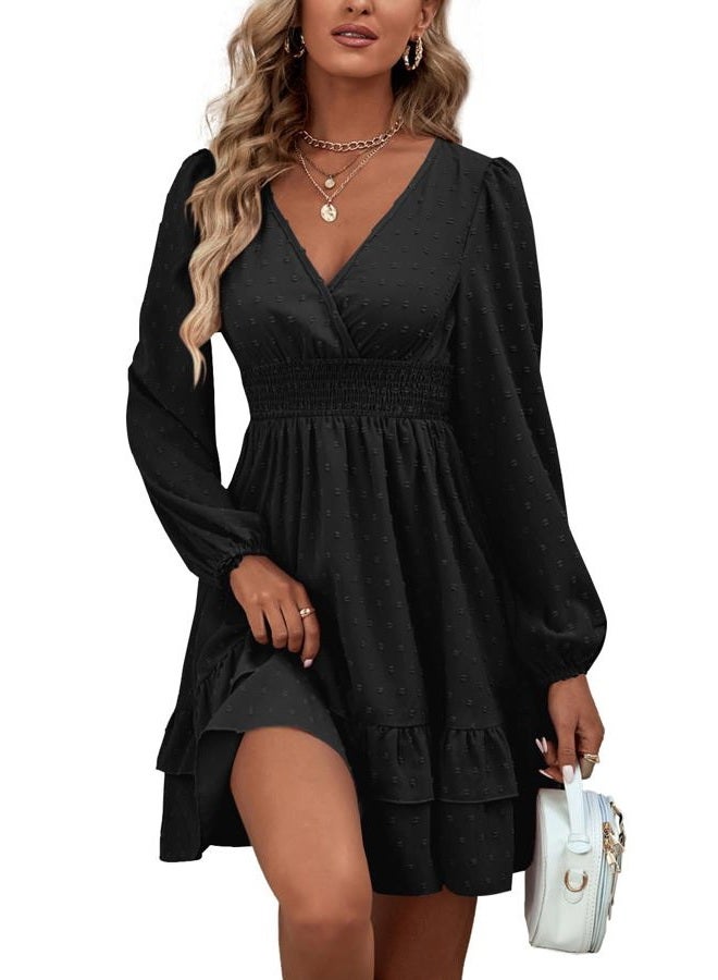 Rooscier Women's Wrap V Neck Swing Ruffle Swiss Dots Long Sleeve Mini Dress, Plain Black, XL - Image 3