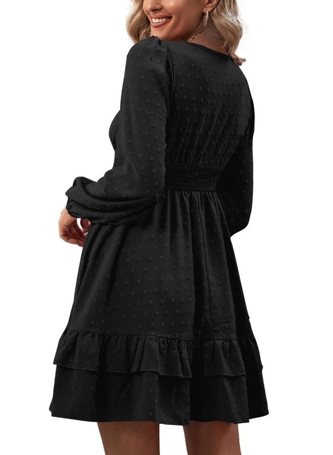 Rooscier Women's Wrap V Neck Swing Ruffle Swiss Dots Long Sleeve Mini Dress, Plain Black, XL - Image 2