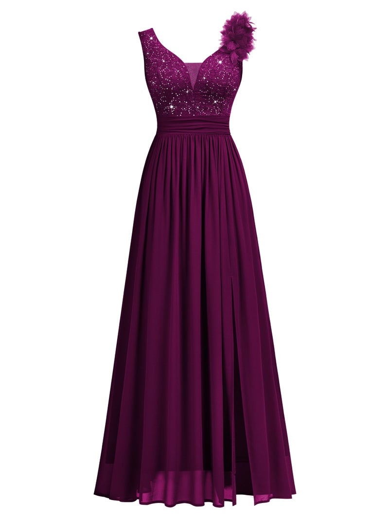 Miusol Women's Vintage V-Neck Sleeveless Sequined Split Formal Evening Maxi Dress (X-Large, Maroon) - Image 4