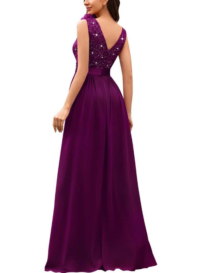 Miusol Women's Vintage V-Neck Sleeveless Sequined Split Formal Evening Maxi Dress (X-Large, Maroon) - Image 2
