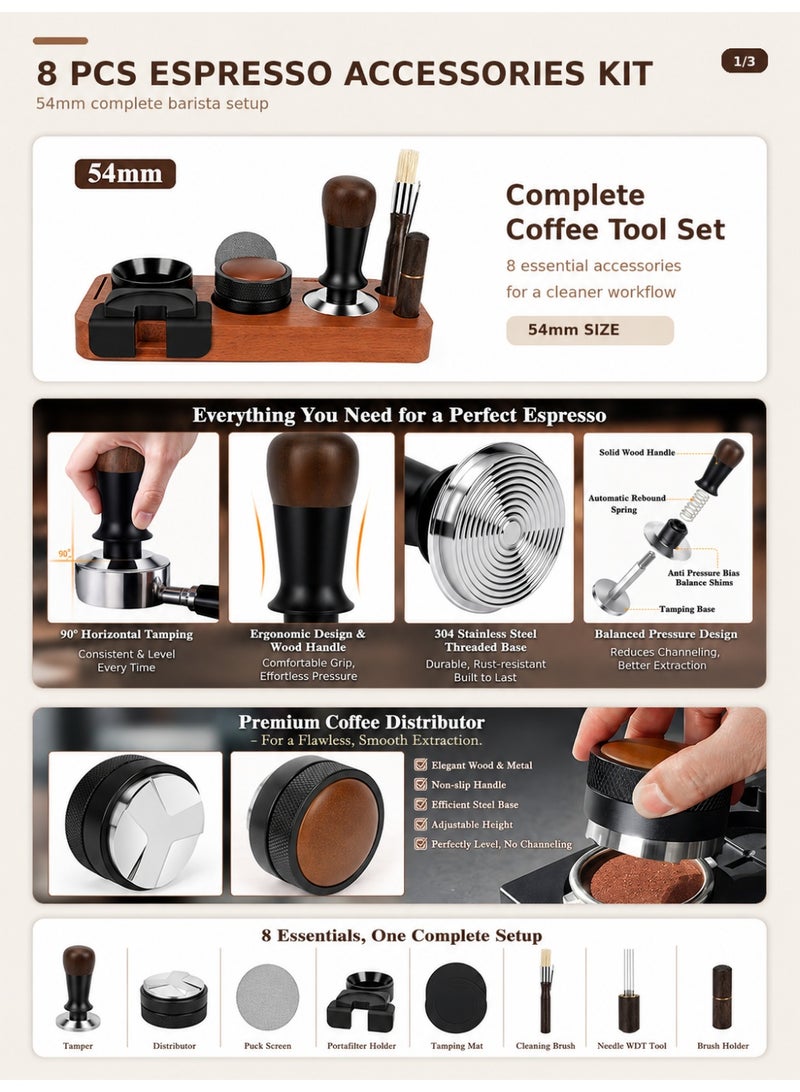 8 PCS Espresso Accessories Kit, 54mm Espresso Tamper Kit Coffee Tamper Set with Coffee Distributor, Espresso Tamping Station, WDT Tool, Dosing Funnel, Fits Delonghi 54mm Portafilter - Image 4