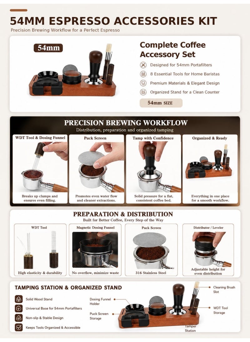 8 PCS Espresso Accessories Kit, 54mm Espresso Tamper Kit Coffee Tamper Set with Coffee Distributor, Espresso Tamping Station, WDT Tool, Dosing Funnel, Fits Delonghi 54mm Portafilter - Image 2