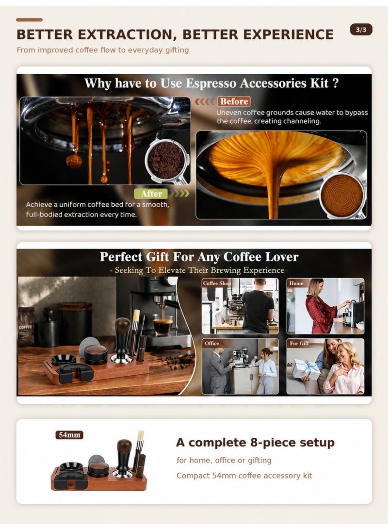 8 PCS Espresso Accessories Kit, 54mm Espresso Tamper Kit Coffee Tamper Set with Coffee Distributor, Espresso Tamping Station, WDT Tool, Dosing Funnel, Fits Delonghi 54mm Portafilter - Image 3