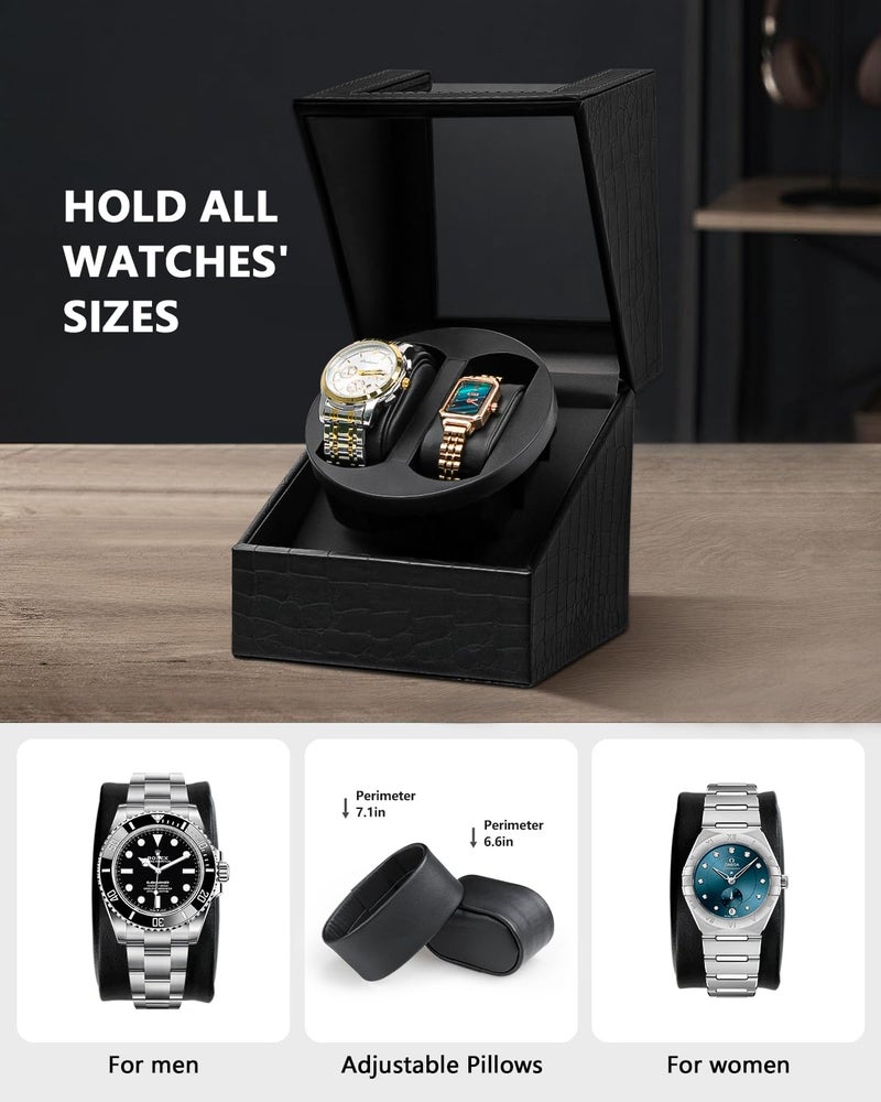 UnaMela Double Watch Winder for Automatic Watches: Automatic Watch Winder Box with Japanese Quiet Motor, Crocodile Pattern Leather, Flexible Pillow Fits Women and Men, AC Adapter or Battery Powered - Image 5