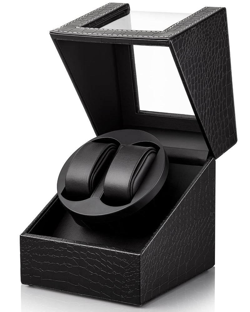 UnaMela Double Watch Winder for Automatic Watches: Automatic Watch Winder Box with Japanese Quiet Motor, Crocodile Pattern Leather, Flexible Pillow Fits Women and Men, AC Adapter or Battery Powered - Image 1