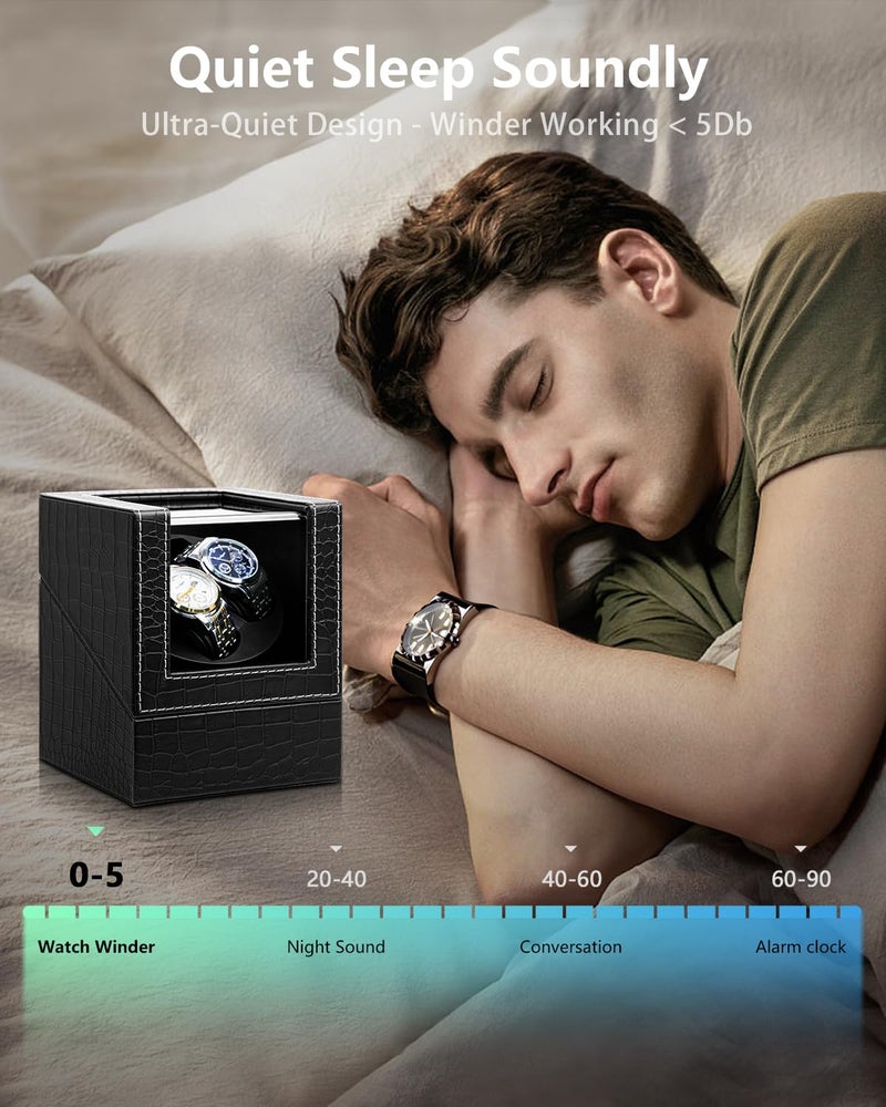 UnaMela Double Watch Winder for Automatic Watches: Automatic Watch Winder Box with Japanese Quiet Motor, Crocodile Pattern Leather, Flexible Pillow Fits Women and Men, AC Adapter or Battery Powered - Image 2