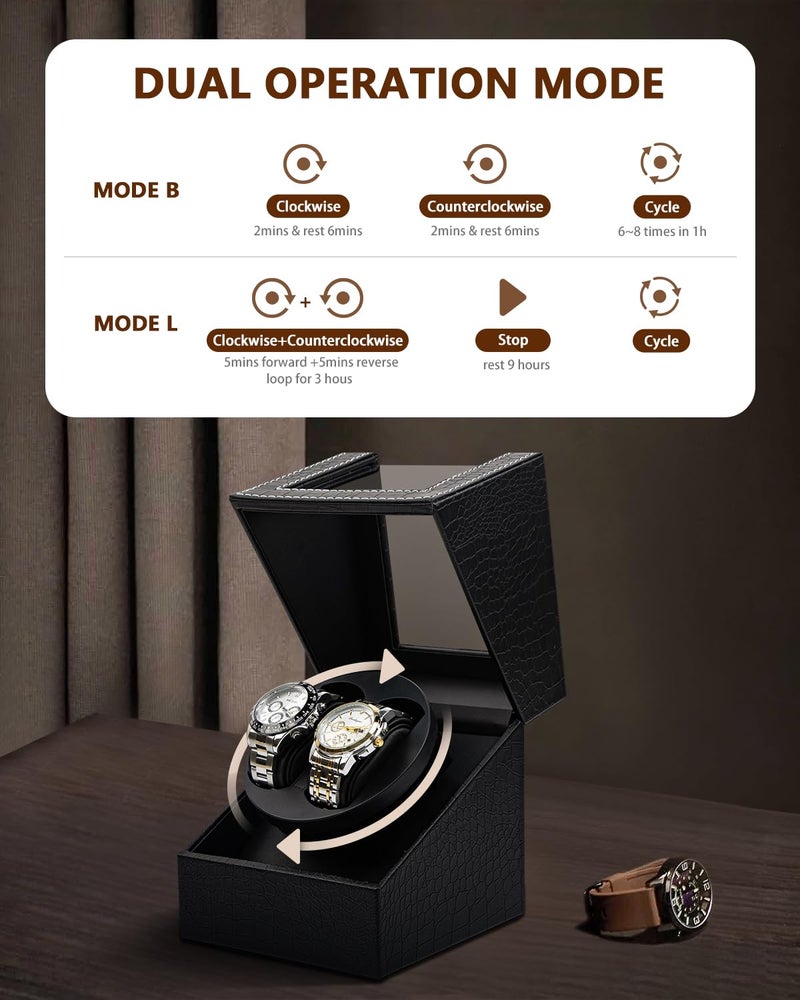 UnaMela Double Watch Winder for Automatic Watches: Automatic Watch Winder Box with Japanese Quiet Motor, Crocodile Pattern Leather, Flexible Pillow Fits Women and Men, AC Adapter or Battery Powered - Image 4
