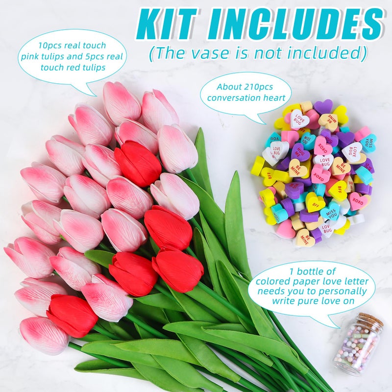 Shitailu Valentine's Day Decorations - Valentines heart Decor - 15 pcs Artificial Tulips with 210 pcs Conversation Hearts Vase Filler Set - Sweet Floral Arrangement Home Decoration Centerpieces, NO VASE - Image 3