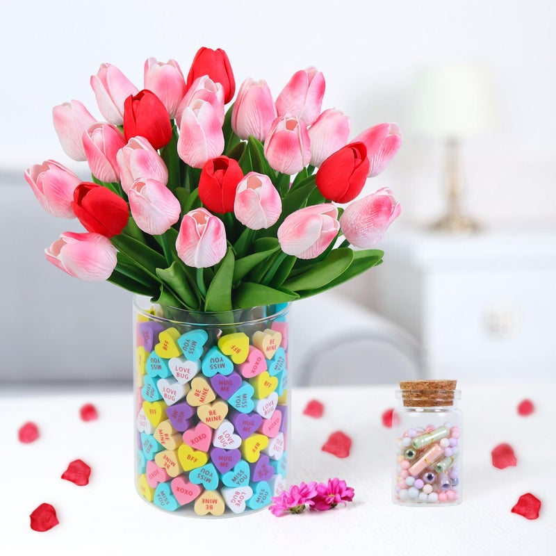 Shitailu Valentine's Day Decorations - Valentines heart Decor - 15 pcs Artificial Tulips with 210 pcs Conversation Hearts Vase Filler Set - Sweet Floral Arrangement Home Decoration Centerpieces, NO VASE - Image 1