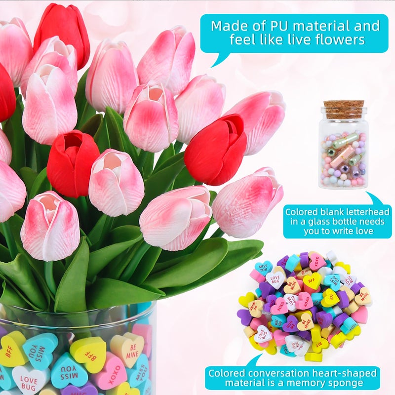 Shitailu Valentine's Day Decorations - Valentines heart Decor - 15 pcs Artificial Tulips with 210 pcs Conversation Hearts Vase Filler Set - Sweet Floral Arrangement Home Decoration Centerpieces, NO VASE - Image 4