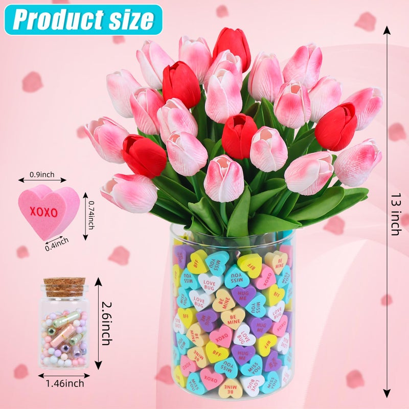 Shitailu Valentine's Day Decorations - Valentines heart Decor - 15 pcs Artificial Tulips with 210 pcs Conversation Hearts Vase Filler Set - Sweet Floral Arrangement Home Decoration Centerpieces, NO VASE - Image 2