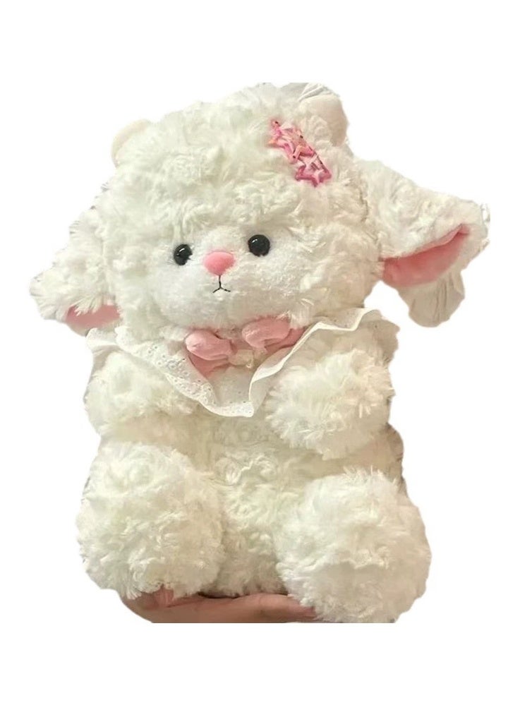 Soft Fluffy Lamb Plush Toy, Cute Pink Bow Lace Stuffed Animal Doll, 33cm Adorable Sheep Plushie Gift Girls Women, Birthday Valentine's Day Ramadan Gift - Image 1
