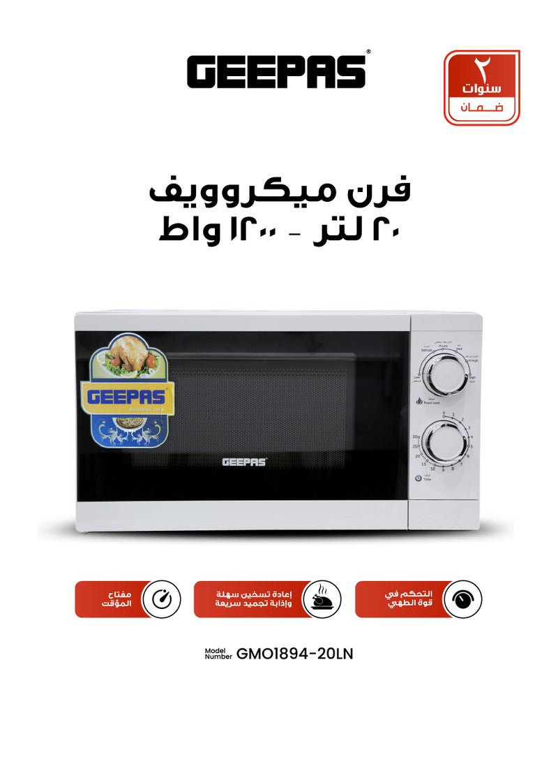 GEEPAS 20L Solo Microwave Oven – 1200W High Power for Fast Defrosting & Reheating | Durable Painted Steel Cavity, Timer Switch & Cooking End Signal | 2-Year Warranty – Ideal for Soups, Oatmeal & Quick Recipes 20 L 1200 W GMO1894-20LN White - Image 1