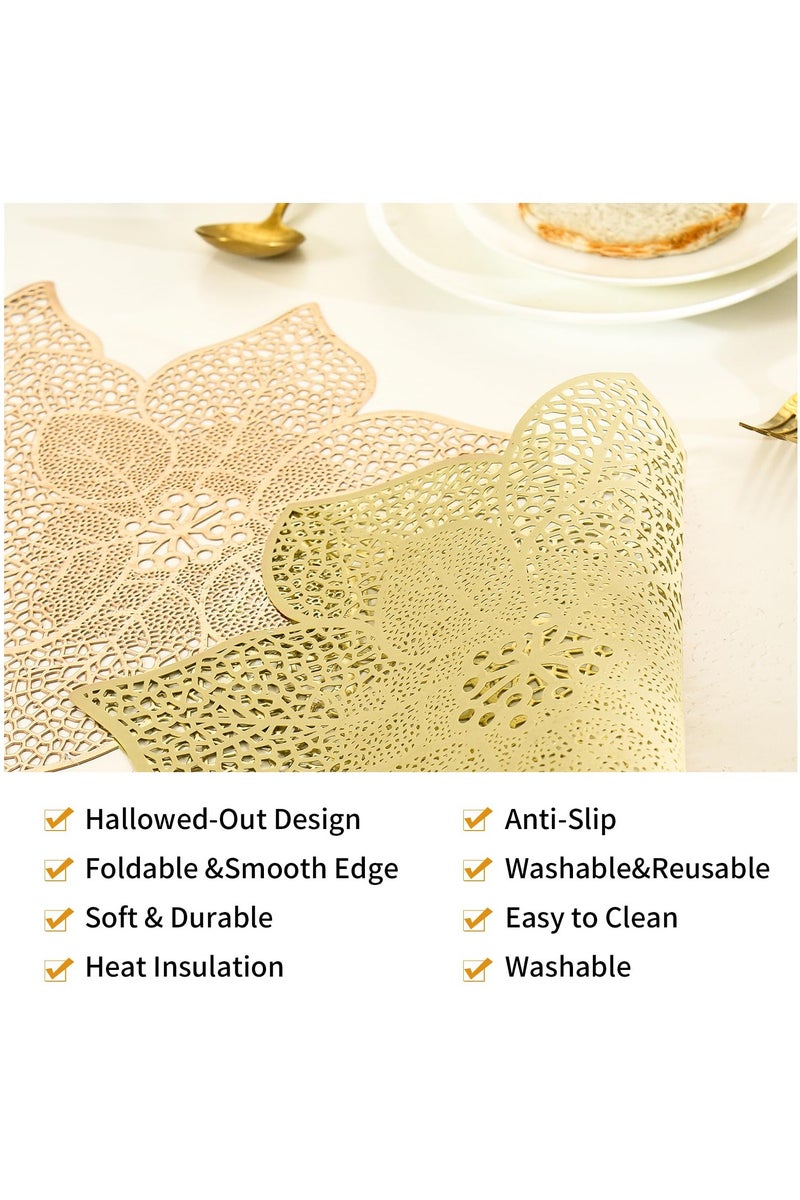 فلاي رود مفارش طاولة ذهبية مقاس 36 بوصة، مفرش طاولة مقاوم للحرارة على شكل زهرة، مفرش طاولة من الفينيل مقاوم للماء وقابل للغسل لحفلات الزفاف والولائم وأعياد الميلاد والحفلات والمطاعم (على شكل زهرة ذهبية) - Image 3