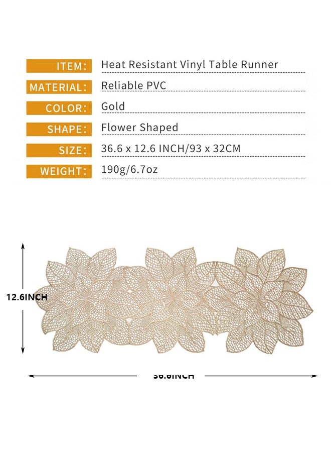 فلاي رود مفارش طاولة ذهبية مقاس 36 بوصة، مفرش طاولة مقاوم للحرارة على شكل زهرة، مفرش طاولة من الفينيل مقاوم للماء وقابل للغسل لحفلات الزفاف والولائم وأعياد الميلاد والحفلات والمطاعم (على شكل زهرة ذهبية) - Image 2