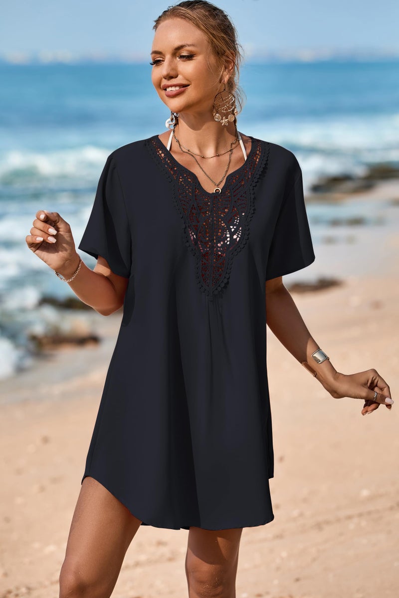 Supnier Women's Swimsuit Beach Cover Up Dress Short Sleeve Bikini Bathing Suit Swimwear Coverups Black M - Image 4